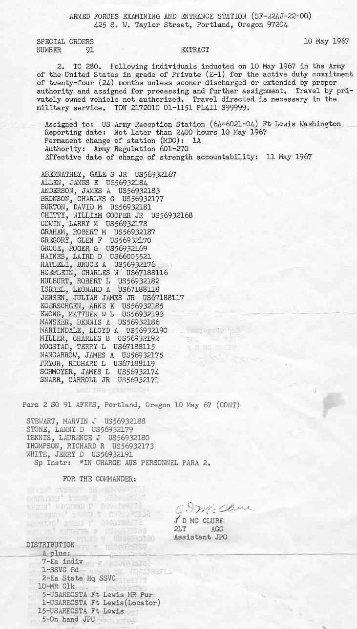 Special Orders 91, AFEES Portland OR, 10 May 1967 -- Induction